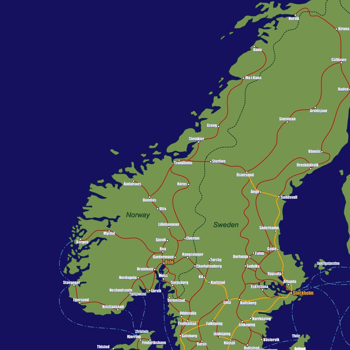 Norveç tren yolları haritası