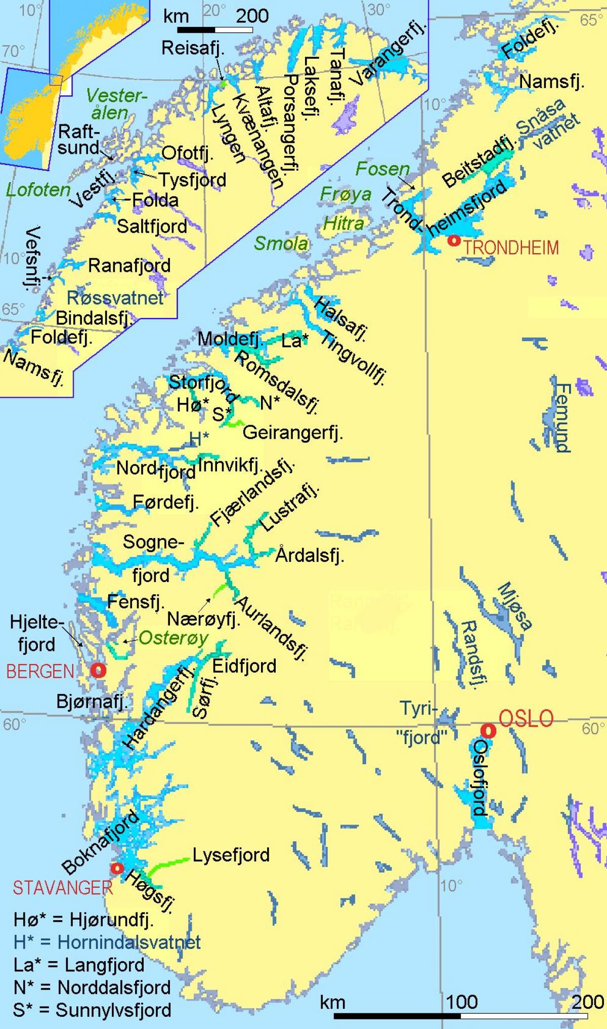 Norveç'in fiyortları gösteren harita 